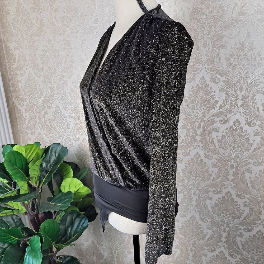 Zara Accessories Size Small Black and Gold Sparkle Bodysuit Wrap Front EUC - Picture 4 of 11